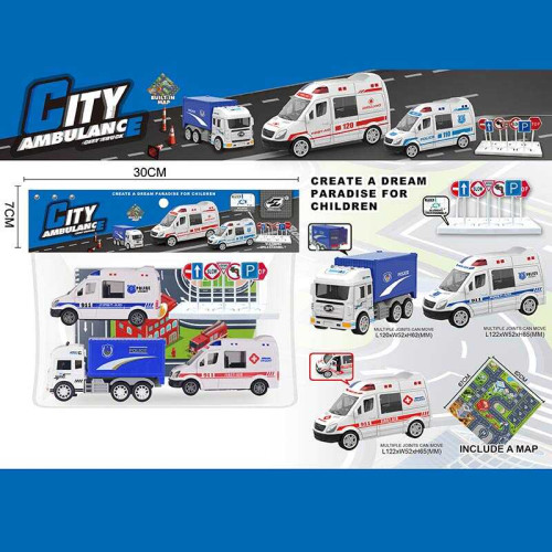 Набір машин JW 567-049 (96/2) “City Ambulance”,  інерція, 3 машинки, килимок, в пакеті