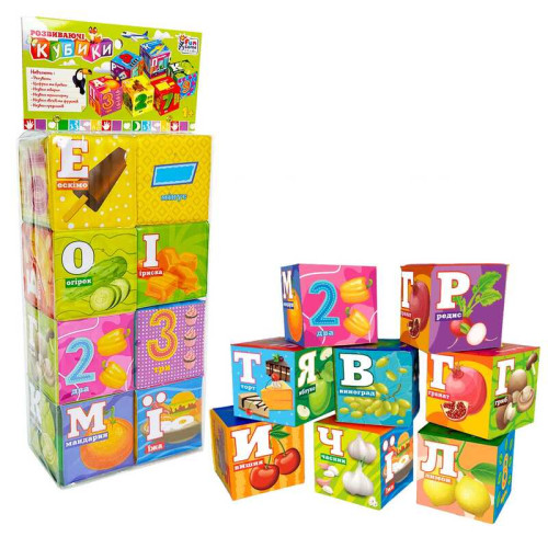 гр Кубики 10950 (36/2) "4FUN Game Club", "Їжа", 8 штук, м'які, водонепроникна тканина, літери, цифри, арифметичні знаки, в пакеті