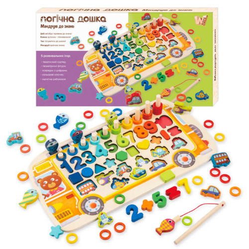 Логічна дерев’яна дошка 38512 (22) "WToys", "Автобус", сортер, магнітна риболовля, цифри, арифметичні знаки, геометричні фігури, транспорт, кілочки, кільця, в коробці