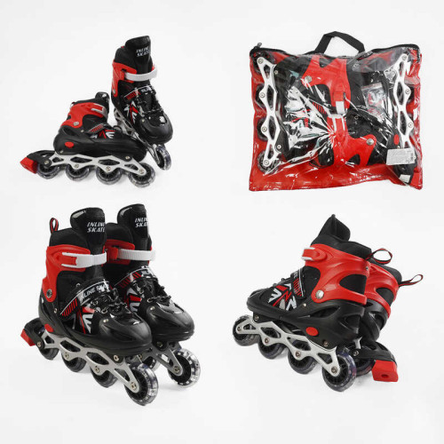 Ролики 21895-S /розмір 29-33/ колір – ЧЕРВОНИЙ (6) колеса PVC, устілка 16-19 см, ПЕРЕДНЄ КОЛЕСО СВІТЛО, d – 6.5 см, в сумці