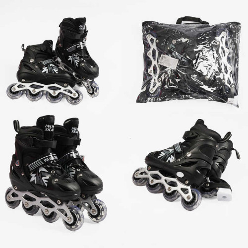 Ролики 30627-М /розмір 34-38/ колір – ЧОРНИЙ (6) колеса PVC, устілка 21-24 см, ПЕРЕДНЄ КОЛЕСО СВІТЛО, d – 6.5 см, в сумці