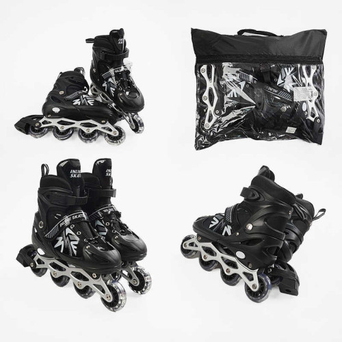 Ролики 45432-L /розмір 39-43/ колір – ЧОРНИЙ (6) колеса PVC, устілка 24-27 см, ПЕРЕДНЄ КОЛЕСО СВІТЛО, d – 6.5 см, в сумці