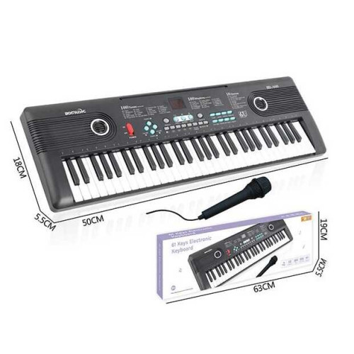 Синтезатор R 673 (20) 61 клавіша, USB-AUX кабель, мікрофон, працює від мережі або батарейок, звуки музичних інструментів, мелодії, регулювання гучності, функція запису, в коробці