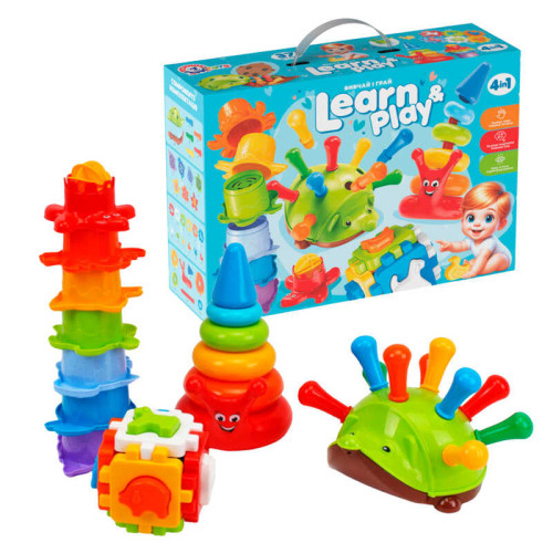 гр Подарунковий набір 2376 (1) "Technok Toys", жачок з "голками", кубик з фігурками тваринок, пірамідка-млинок, пірамідка «Веселий равлик-павлик», в коробці