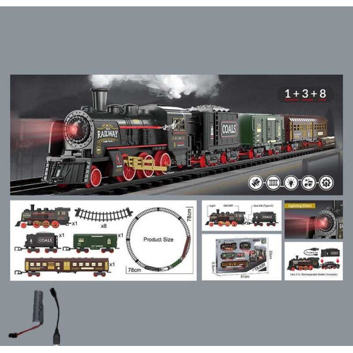 Залізниця 652 X18 (36/2) парогенерація, підсвічування, звук, акумулятор, дорога 78х78 см, 1 локомотив, 3 вагони, 8 елементів дороги, в коробці
