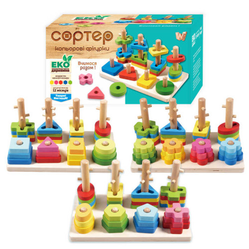 Дерев'яний геометричний сортер 68446 (36) "WToys", сортер за кольорами, гра з кілочками, в коробці, ВИДАЄТЬСЯ ТІЛЬКИ МІКС ВИДІВ