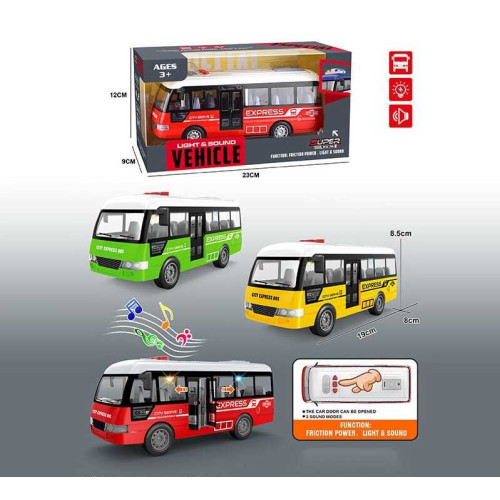 Автобус YM 9907 B (84/2)  розмір: 19х8х8.5 см, підсвічування, звуки та мелодії, інерція, відчиняються двері, гумові колеса, в коробці
