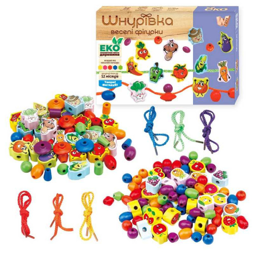 Шнурівка дерев'яна 63732 (30) "WToys", намистинки, фігурки, в коробці