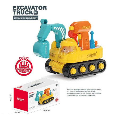 Спецтехніка 6232 (18) “Екскаватор”, розмір: 20х13х20 см, підсвічування, музика та звуки, колесо вільного ходу, платформа обертається, рухомий ківш, електрична викрутка, болти, інструменти, в коробці