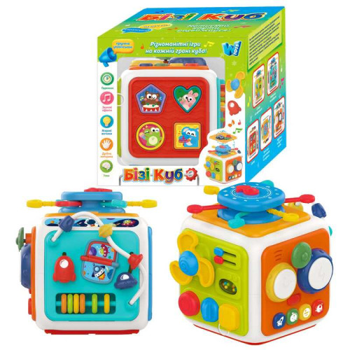 Бізі куб 48658 (12) "WToys",ОЗВУЧУВАННЯ УКРАЇНСЬКОЮ МОВОЮ, скоромовки, загадки, казки, пісні, барабани, підсвічування, спінер, сортер, годинник, рахівниця, шестерні, тріскачка, брязкальце, в коробці