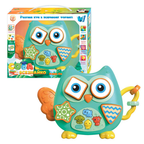 Музична іграшка 60980 (48) "WToys", "Сова-всезнайко", ОЗВУЧУВАННЯ УКРАЇНСЬКОЮ МОВОЮ, розмір: 22х4.5х15 см підсвічування, пісні, казки, віршики про тварин, сортер, намистини, регулювання гучності, в коробці