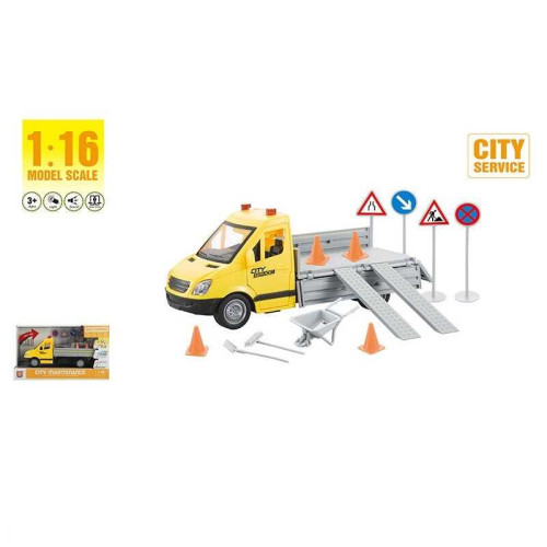 Спецтехніка WY 593 A (24) звуки транспорту, підсвічування, інерція, масштаб 1:16, гумові шини, двері відчиняються, відкидний кузов, дорожні знаки, конуси, в коробці