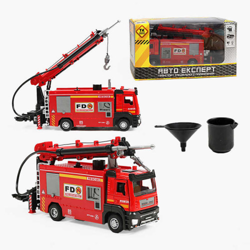 Спецтехніка LS-2616-67 (60/2)  “Авто Експерт”, “Пожежна машина”, металопластик, масштаб: 1:32, інерція, підсвічування, звук, помпова подача води, резервуар, телескопічна драбина, гак, механічний підіймач, відчиняються двері та віконця, гумові шини, в коро