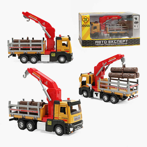 Спецтехніка LS-3774-86 (60/2) "Самоскид з краном", металопластик, масштаб: 1:32, інерція, підсвічування, звук, рухомий кузов, обертовий кран з гаком, механічний підіймач, вантаж, гумові шини, в коробці