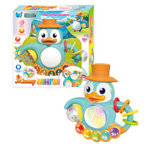 Містер Пінгві 53286 (16) "WToys", ОЗВУЧУВАННЯ УКРАЇНСЬКОЮ МОВОЮ, підсвічування, звуки, 10 казок, 10 пісень, ноти, цифри, на батарейках, брязкальце, режими гри, в коробці